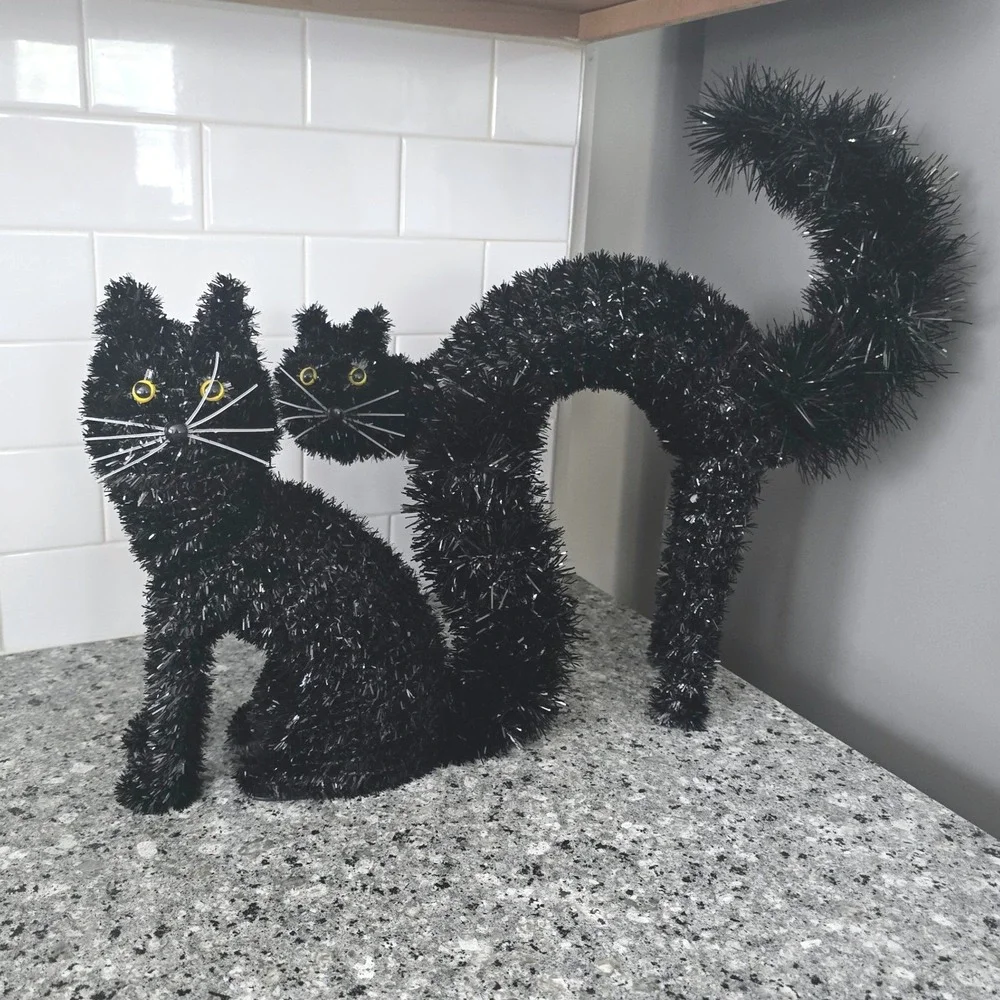 Halloween Tinsel Cat Pair Black Arched Back Spooky Sparkle Decor Witchy Party